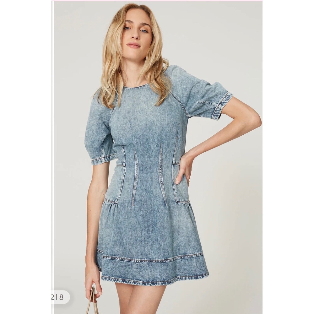 JONATHAN SIMKHAI Holland Denim Mini Dress Size 6 Acid‎ Wash Puff Sleeve Cotton